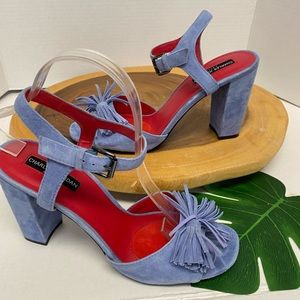Charles Jourdqn Denim Suede Tasseled Block Heels